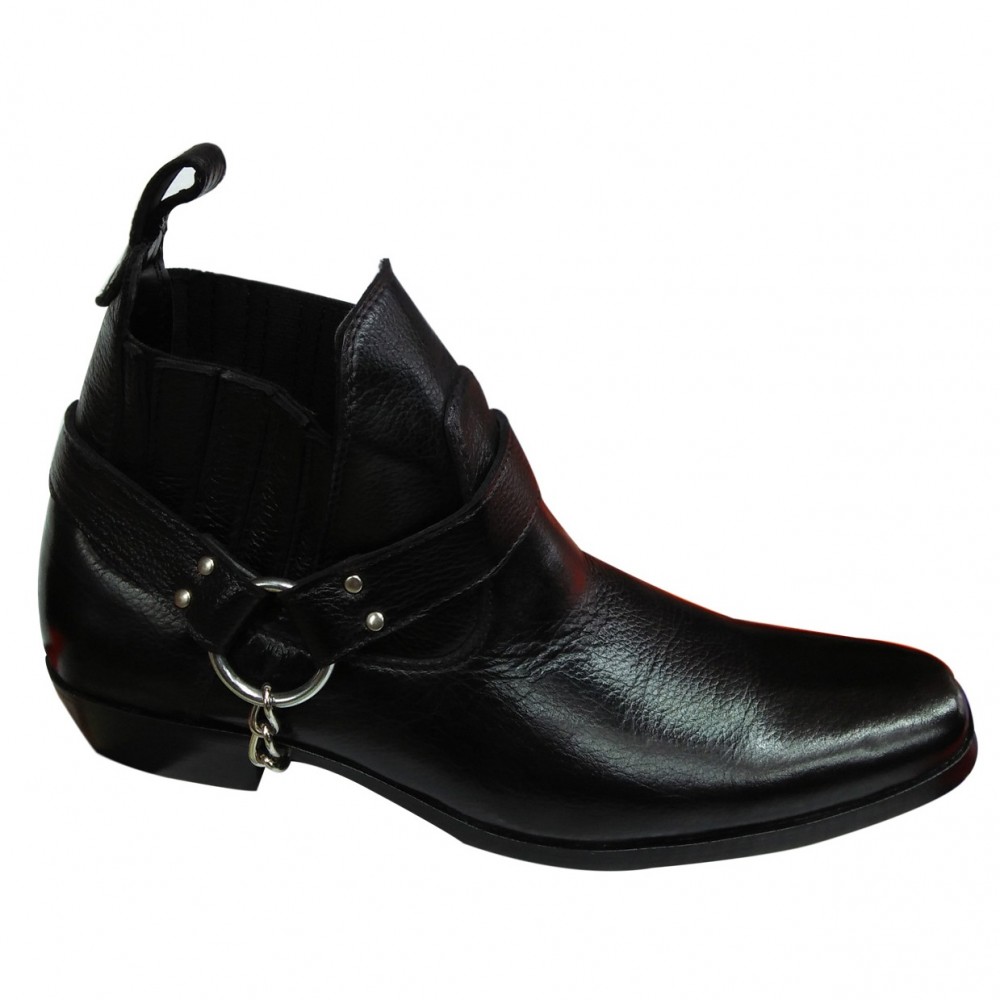 Black Leather Cowboy Boots With Side Metal Chain and Wide Front - For Men