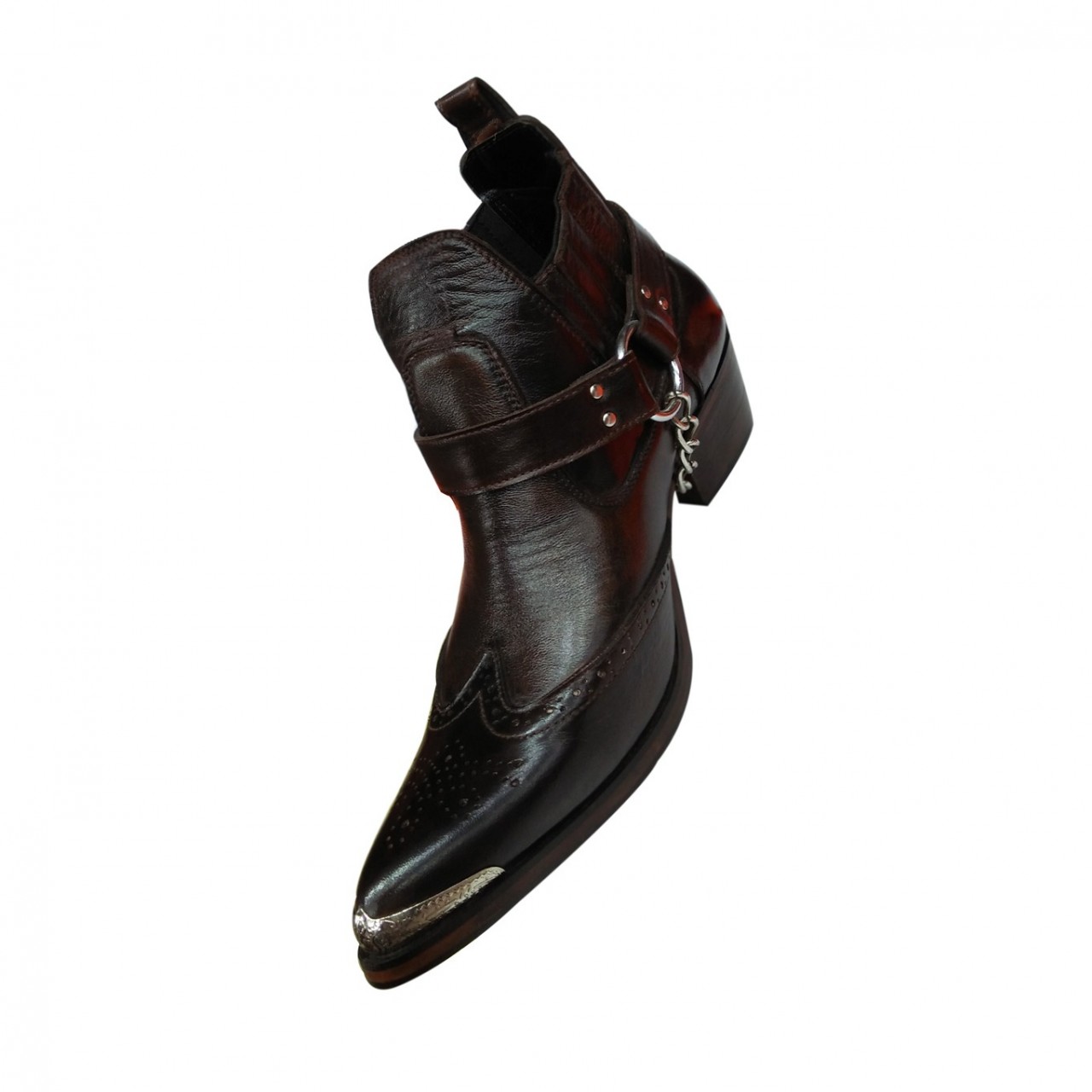 Black Leather Western Cowboy Boots With Side Metal Chain and Metal Strip at Front Sharp Curve-ForMen