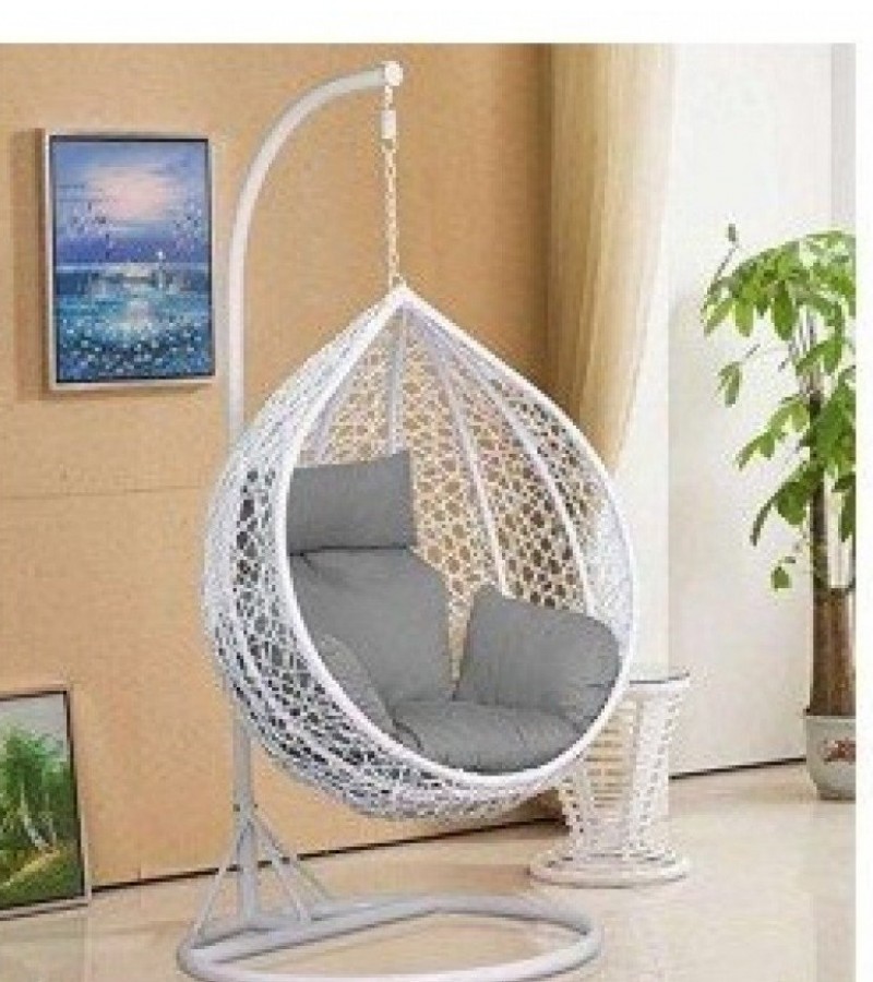 Egg Shape Hanging White Scrambled Net Swing Chair - Jhoola with Stand & Cushion For Adult