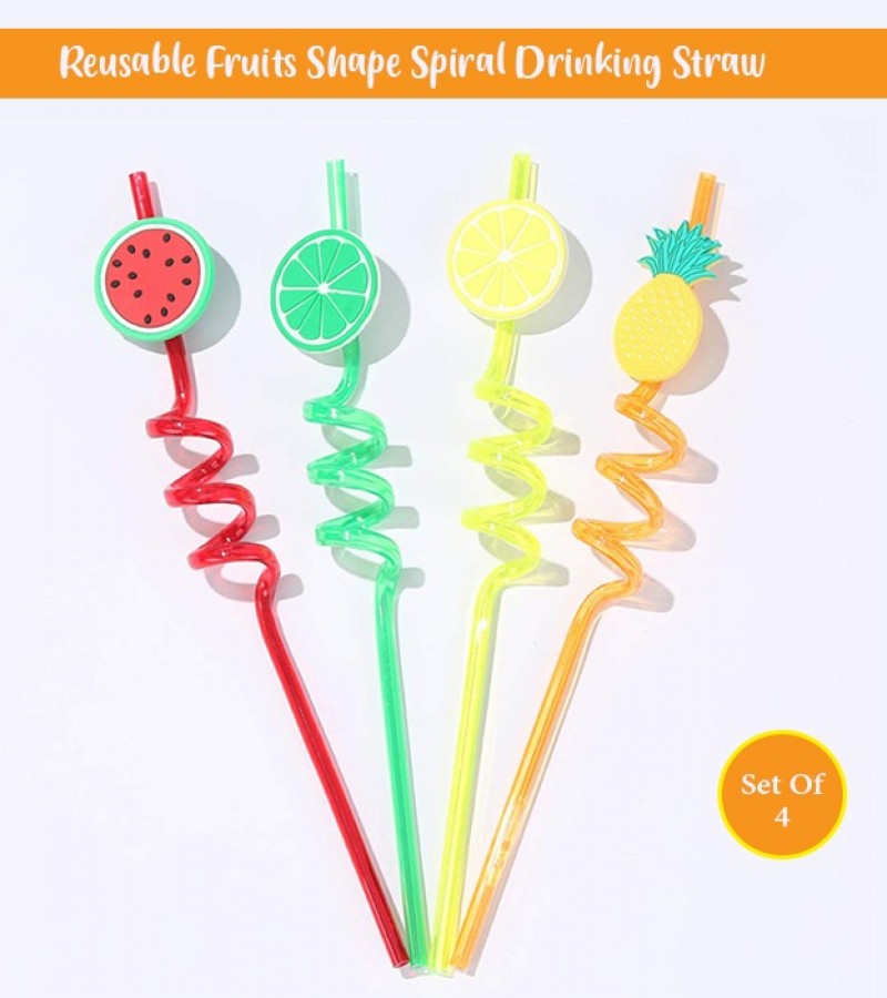 Fruits Fun Curly PVC Drinking Reusable Straws Set of 4