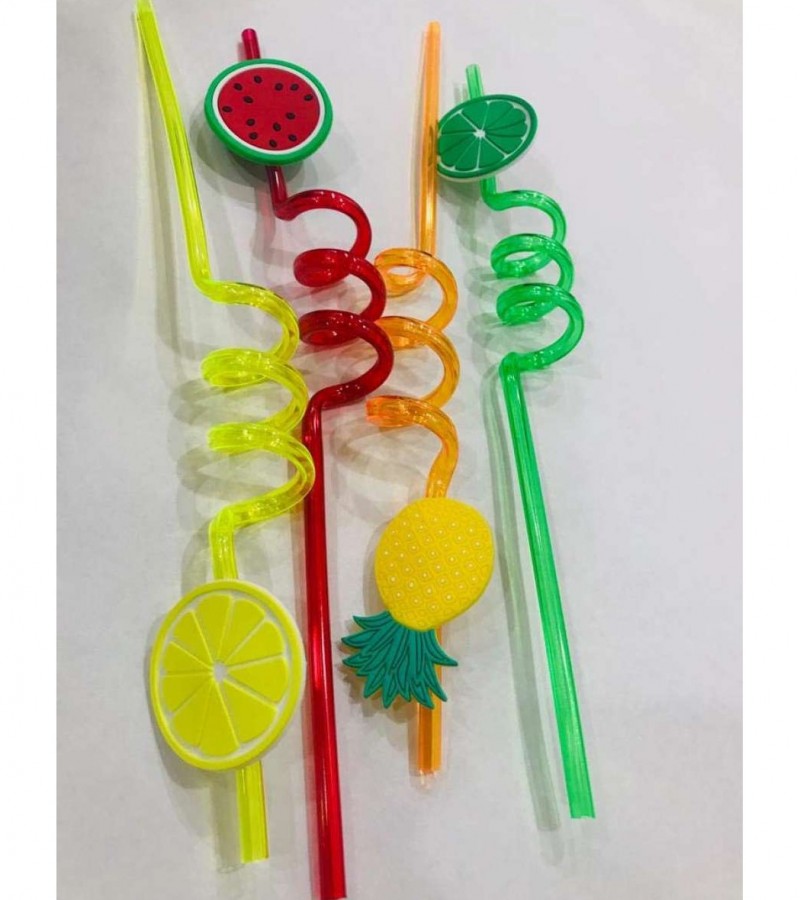 Fruits Fun Curly PVC Drinking Reusable Straws Set of 4