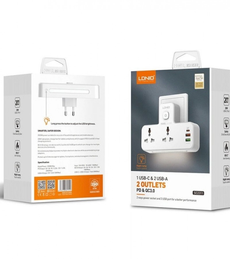 LDNIO Power Strip 2 Port with 2 USB and 1 USB-C PD & QC3.0 EU (SC2311) – White
