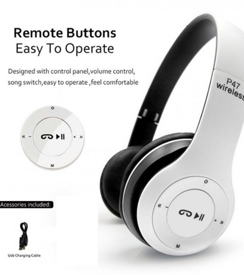 MTR P47 Wireless Bluetooth Headphone,Memory Card Support,Fm Radio Enabled and Big Battery (White)